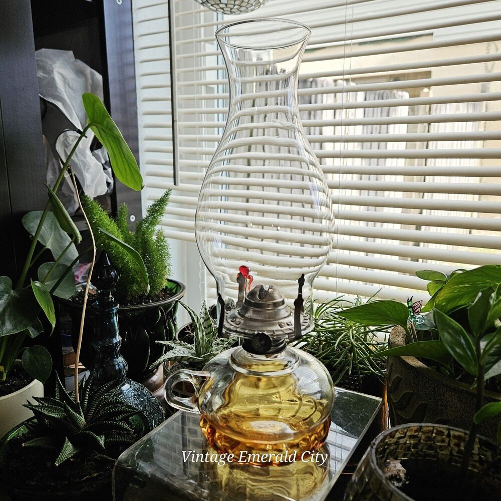 Vtg Miniature Amber Adjustable Wick Glass Oil Lamp China Hong Kong With Chimney